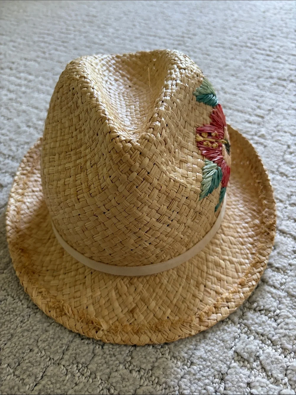 Straw Fedora Hat with Floral Embroidery -  Accessories